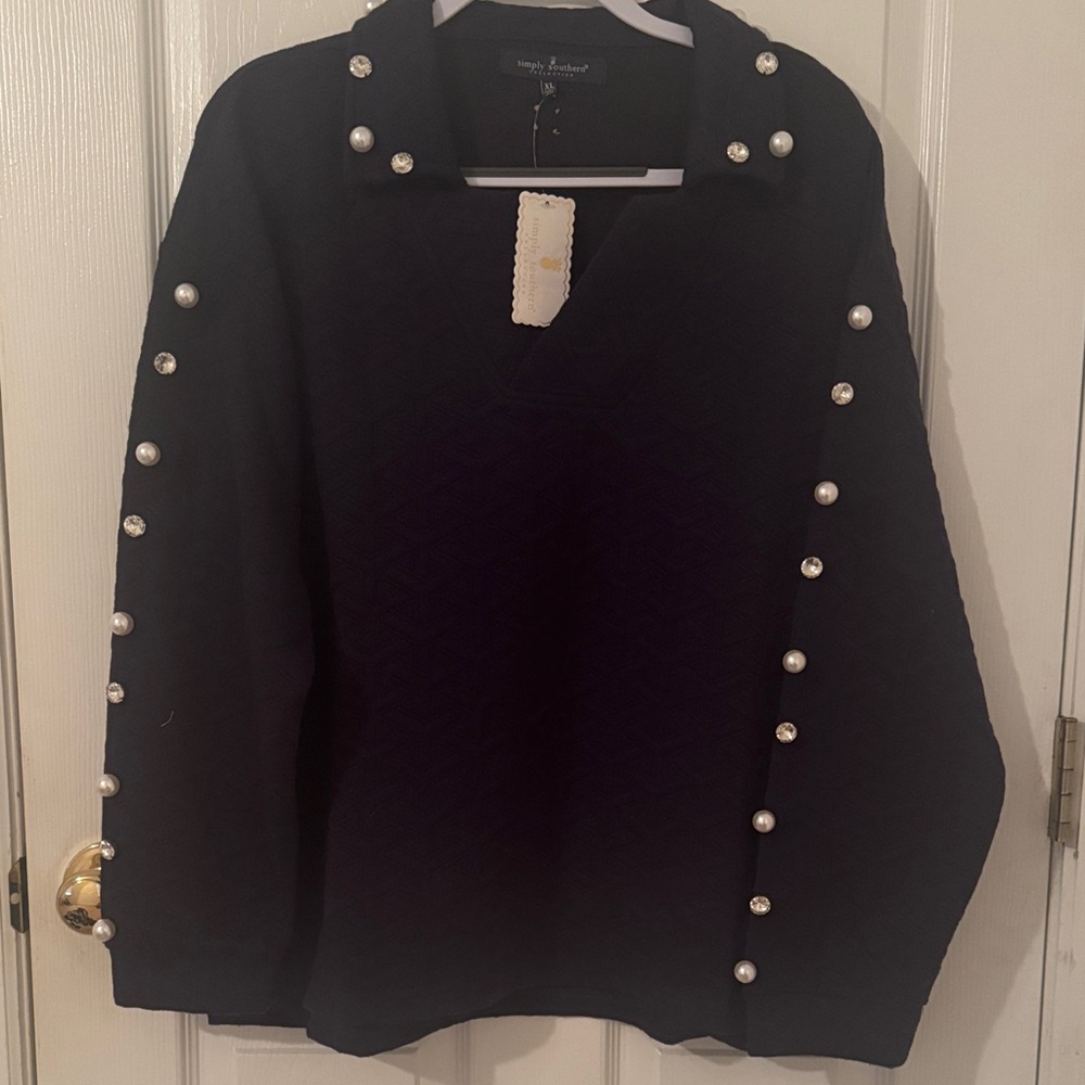 Simply Southern Navy Sweatshirt with Pearl Details